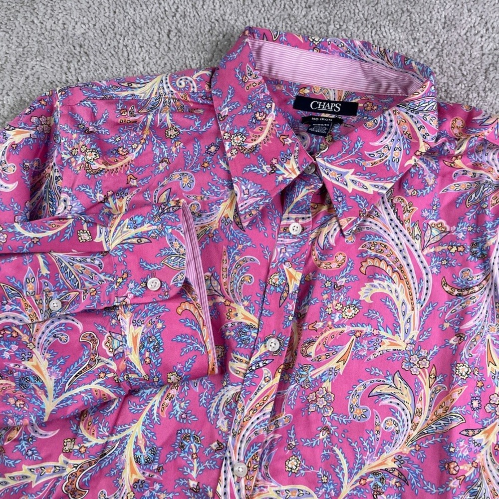 Chaps Top Womens 1X Pink Paisley Button Down No Iron Cotton Blouse 3/4 Sleeve